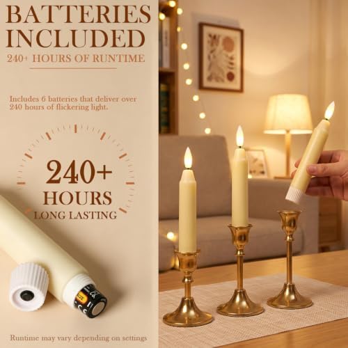 6Inch Flameless Taper Candles with Remote & 6 Batteries, Ivory - Image 4