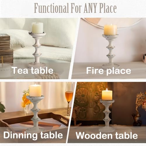 Pillar Candle Holder, 1 Pack Wooden Candlestick Holder for Pillar Candles, 8.2 Inch Distressed White Tall Candle Holder, Rustic Farmhouse Mantel Decor for Fireplace, Living Room, Dining Table - Image 5