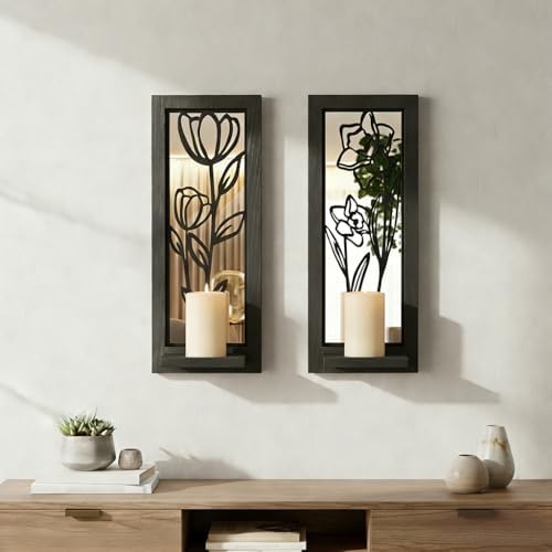 ZEXUIRU 2 Set Rustic Candle Sconces Living Room Bedroom Entryway Wood Mirrored, Farmhouse, Carved Frame Wall-Mount Wooden Candle Holders Wall Decor Hanging Handmade Holder - Black - Image 6