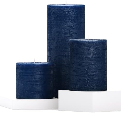 CANDWAX Assorted Pillar Candles Set of 3 – Sizes 3", 4", 8" Unscented Dripless Large Candles, Rustic Style Long Burning for Weddings, Decor – Dark Blue by CANDWAX