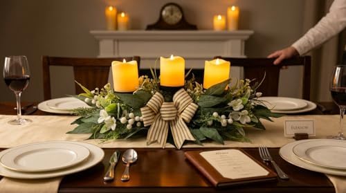Svndlyn 26 Inch 3 Candle Holder Centerpiece with Greenery and Striped Bow - Image 5