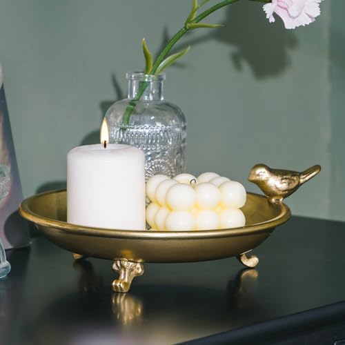 NIKKY HOME 8" Vintage Gold Pillar Candle Holder Tray with Bird Accent - Image 2