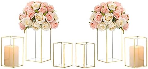 Hewory Glass Hurricane Candle Holder Set of 6, Gold Large Hurricane Centerpiece for Table, Tall Floor Square Pillar Candle Holders Lantern Set for Wedding, Anniversary, Party, Fireplace, Dining Room by Hewory