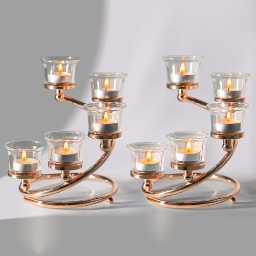 2Pcs Gold 5-arm Metal & Glass Tea Light Candle Holders for Table Centerpiece, Glass Votive Tealight Holders/Candelabra Candlestick Holders for Wedding,Party, Anniversary,Christmas by KOLNLALA