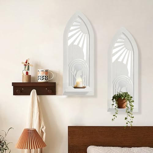 ZEXUIRU 2 Set Rustic Candle Sconces Living Room Bedroom Entryway Wood Mirrored, Farmhouse, Carved Frame Wall-Mount Wooden Candle Holders Wall Decor Hanging Handmade Holder - Distressed White - Image 2