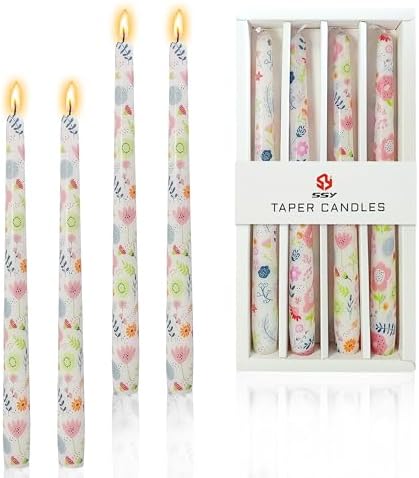 Floral Candlesticks 10 in Long Taper Candles Handmade Printing Candlesticks Tall Tapered Candle Sticks for Home Wedding Dinner Decor Simple Modern, 4 Pack by XINAOBAOLUO