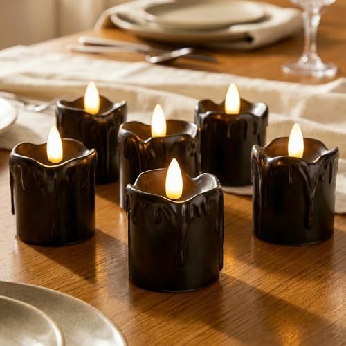 Black Dripping Wax Halloween Flameless Votive Candles with Timer Batteries - Image 6