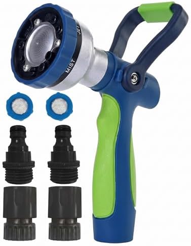 Garden Hose Nozzle with Quick Connect Set - Zinc Alloy High Pressure Sprayer, Fireman Style Handle for Car Wash & Plant Watering, Green by GREENMOUNT