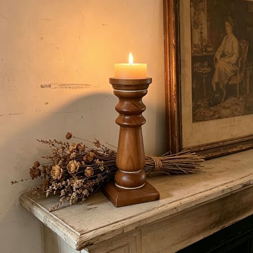 SOFE Wood Pillar Candle Holders 14 Inch Tall, Vintage Brown by SOFE