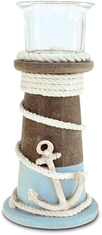 COTA Global Evian Wooden Coastal Decor Nautical Candle Holder - Tabletop Centerpiece, Ocean-Themed with Decorative Nautical Rope and Anchor Design - Handmade, Color May Vary by Puzzled