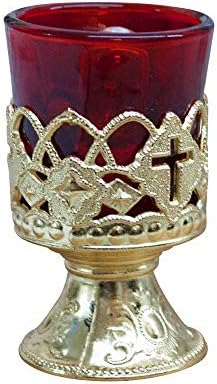 Electric Votive Stand - 4 Inch Gold Plated Metal with Ruby Glass - Boxed by VILLAGEGIFTIMPORTERS