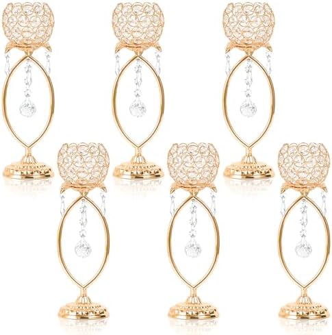 6 Pcs Gold Elegant Metal Crystal Tea Light Candle Holders with Crystal Pendants, Hollow Design - Wedding Table Centerpieces for Anniversary Birthday Party, Home Decor by kehail