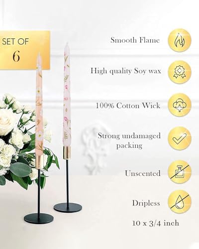 Pretty Floral Taper Candle Sticks Colorful candlesticks Dripless Unscented Party Gift Winter Holiday Dinner Table Decorations 10 inch,Set of 6 - Image 5