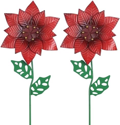 Outdoor Christmas Decorations, Set of 2 Poinsettia Flower Decorative Garden Stakes for Christmas Decor, Metal Red Flowers Xmas Decorations for Outside Garden Yard Lawn Porch by YEAHOME