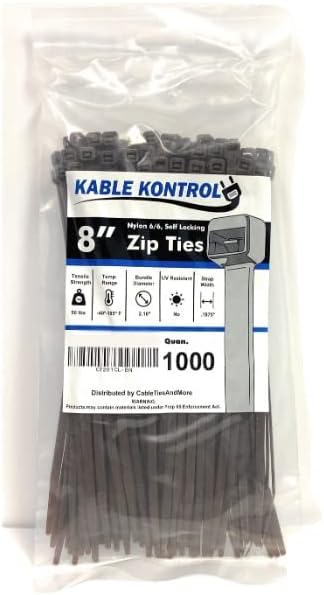 Kable Kontrol Brown Zip Ties 8 Inch 1000 Pcs, 50 Lbs Tensile Strength, Self-locking Nylon Colored Cable Ties Wire Wraps for Indoor or Outdoor Use