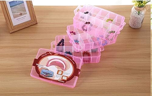 Sooyee Bead Organizer, 3-Tier Craft Organizers and Storage, Stackable Storage Containers with 30 Compartments Dividers for Washi Tape, Toy, Nail, Art Supplies, Fishing Tackle, Pink