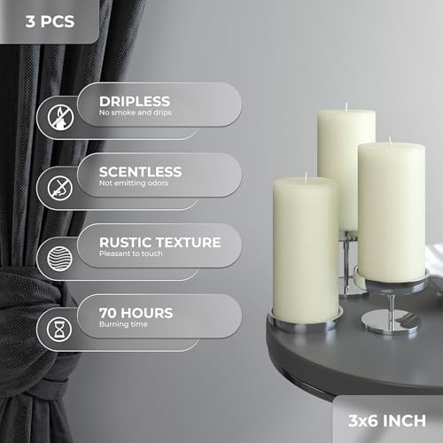 CANDWAX Large Pillar Candles 3x6 Inch – Set of 3 Unscented Dripless Ivory Candles, Rustic Style for Weddings, Home Interior, Events - Image 2