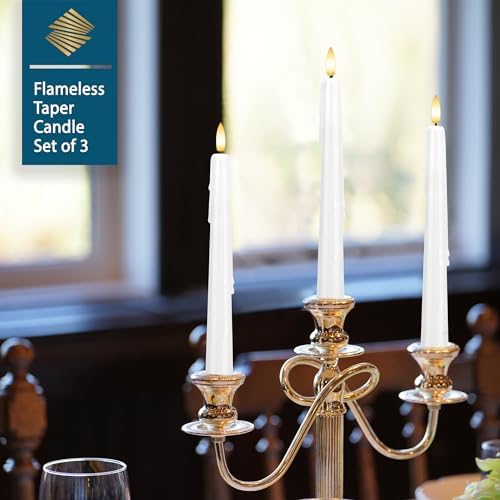 Dripless Flameless Taper Candles with Remote, Real Wax Battery Operated LED Candles Set with 3D Flickering Flame, 3Pcs White 9.6" Realistic Candlesticks as Mothers Day Gifts, Gifts for Mom - Image 5