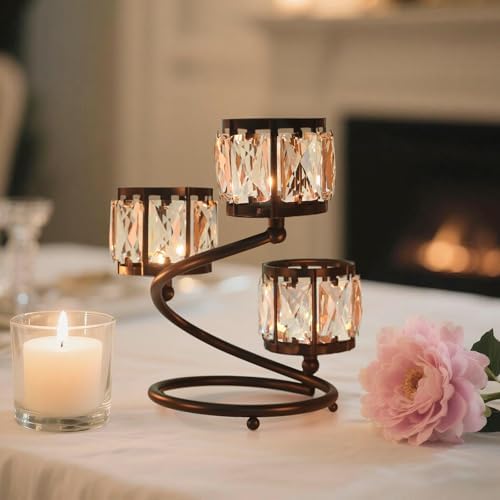 Metal 3 Arm Crystal Candle Holder - Tea Light Centerpiece Candle Holder, Votive Holder with Sparkling Crystal Bowl, Suitable for Wedding, Table Centerpiece, Home Decor (1, 3 arm-Black) - Image 4