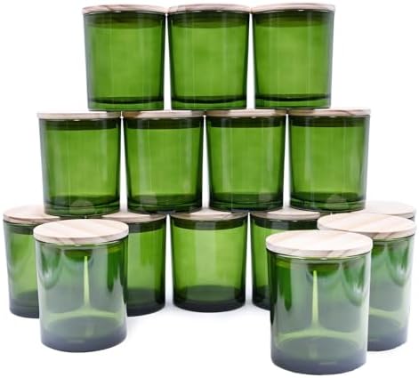 SHOWIN 10 OZ Thick Candle Jars for Making Candles 15 Pcs, Empty Jars with Wood Lids for Candle Making, Sample Container, Clear Green by Showin