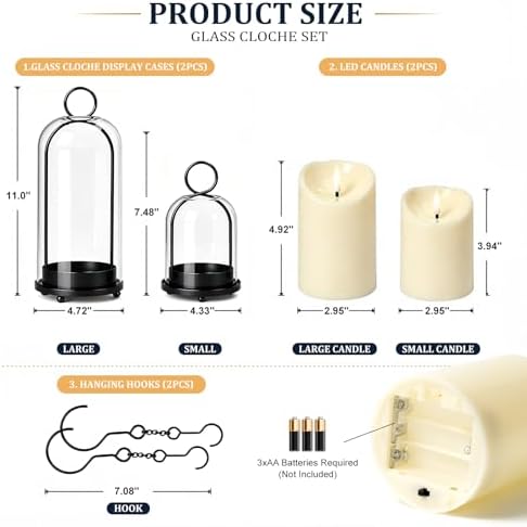 Brass Hurricane Handmade Sturdy Glass Dome Candle Holders with Glass Cover, Set of 2 Flameless Battery Operated LED Pillar Candles and Remote, Elegant Cloche Lantern for Modern Table Centerpiece - Image 2