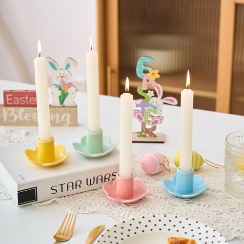Colorful Ceramic Candlestick Holders Set of 4, Cute Easter Taper Candle Holders Chic Flower Shaped Table Centerpiece for Wedding Festive Spring Party or Home Decor (Flower Style) - Image 2