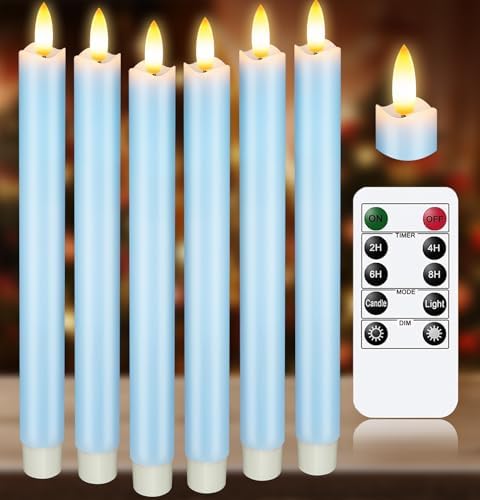 KSWING Upgraded Real Wax LED Flameless Light Blue Taper Candles with Remote, 6 PCS Candlesticks Battery Operated 3D Flickering - 9.6" Long Realistic Fake Candle Sticks for Home/Wedding/Xmas Decor by Unknown