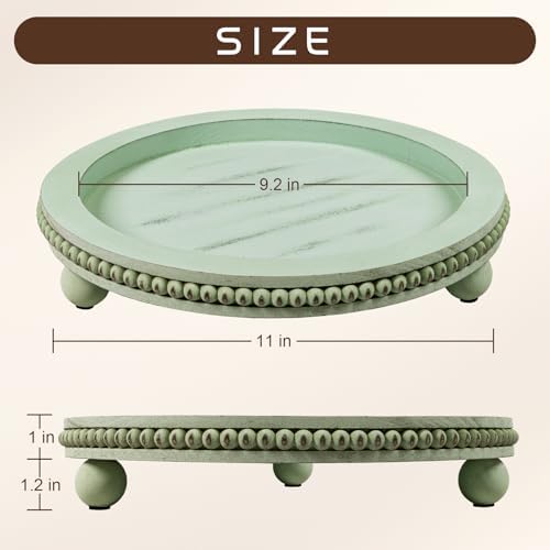 Candle Plate Hold Tray, Sage Round Trays, Wooden Decorative Tray for Coffee Table Decor, Beaded Edge Wood Tray Riser for Living Room Table, Mug Display Decorative, Table Centerpiece, Rustic Green - Image 3