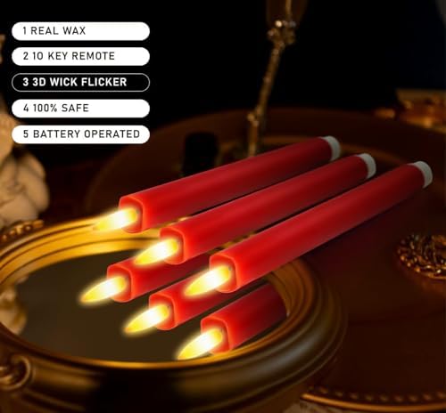 KSWING Upgraded Real Wax LED Flameless Red Taper Candles with Remote, 6 PCS Candlesticks Battery Operated 3D Flickering - 9.6" Long Realistic Fake Candle Sticks for Home/Wedding/Fireplace Xmas Decor - Image 4