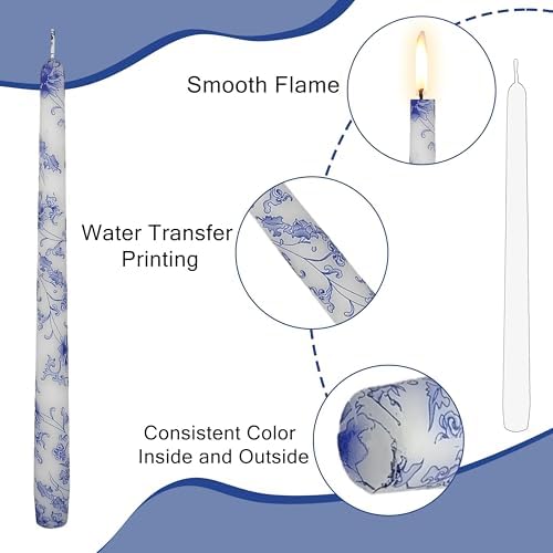 Printed Taper Candles 10 INCH Handmade Candles Unscented Smokeless Candlesticks Blue and White Porcelain Pattern Candle for Home Wedding Dinner Holiday Party - Image 3