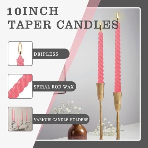 12-Pack Pink Spiral Taper Candles – 10 Inch Elegant Dripless & 10-Hour Burn – Long-Lasting Decorative Candles for Weddings, Birthdays, Parties, Church, Home Decor & Romantic Dinners - Image 5