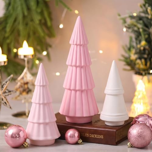 3 Pcs Neutral Christmas Tree Figurines,Pink Series by Pinkunn