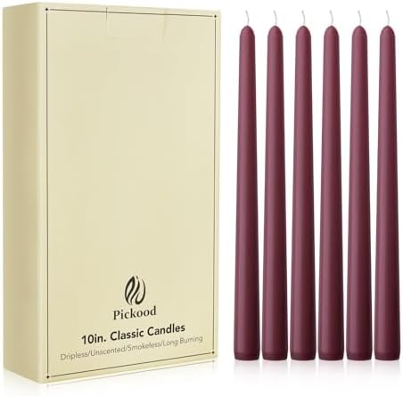 New Burning Formula Unscented Dripless 10-Inch Taper Candles Set of 12 - Burgundy, for Wedding, Dinner - Smokeless, Long Burning - Hand Poured, Colored Tall Candlesticks - Burdeos by Unknown