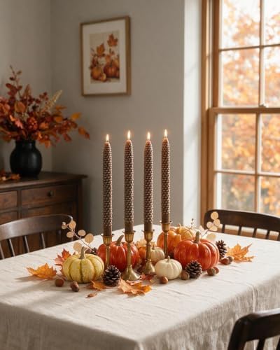 10 Inch Fall Brown Taper Candles Christmas Pinecone Candles Smokeless Unscented Candlestick for Thanksgiving Christmas Winter Holiday Decoration-4Pack,White Trim - Image 2