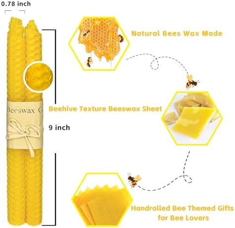 Lacaser Beeswax Tapered Candles Yellow 12pcs, 6 Pairs Unscented candlesticks Set, 9" Long, Natural Beeswax Sheet Handrolled, Burning Time 4 Hours, for Dinner Table Decoration - Image 2