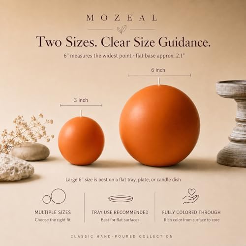 MOZEAL Hand-Poured, 3 Inch Orange Round Ball Candles - Elegant Orange Round Pillar Candles Set of 3, Dripless, Unscented, Smokeless, Ideal for Halloween Decor. - Image 2
