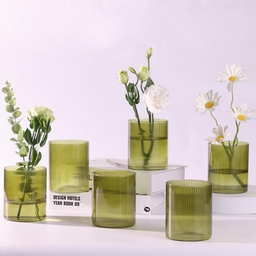 6 Green Ribbed Cylinder Glass Vases for Wedding Centerpieces & Table Decor by TripodBird