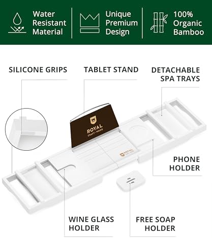 ROYAL CRAFT WOOD Premium Foldable Bathtub Tray Caddy - Wood Bath Tray for Tub, Bamboo Shelf, Expandable Bath Table Trays, Bathtub & Bathroom Accessories for New Home & Mothers, Birthday Gifts for Mom - Image 2