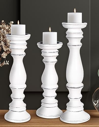 Hand-Carved Wooden Pillar Candle Holders Set of 3, Rustic Mango Wood with White Antique, Decorative Carved Design Table Centerpiece Décor - 16", 14", 12" - Image 6