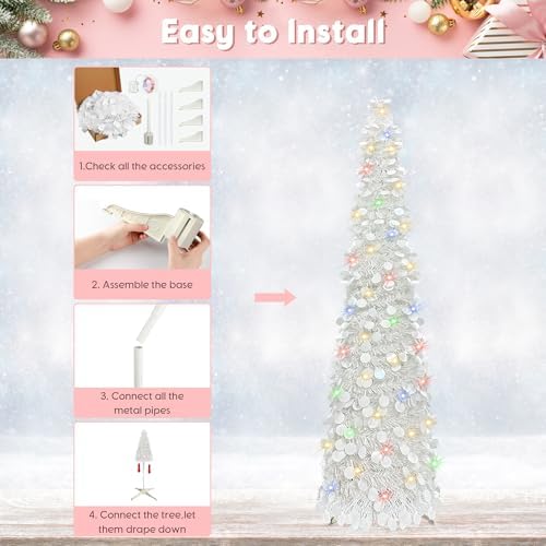 Pop Up Christmas Tree, 5FT Collapsible Artificial Christmas Tree with 90 LED Lights, Tinsel Small Pencil Christmas Tree for Home Holiday Fireplace Party Indoor Outdoor Xmas Decorations (White) - Image 5