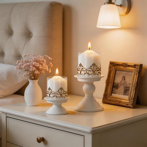 2 PCS Hurricane Candle Holder with Glass Sleeve, Gothic Metal Vintage Candle Holders, Large Table Centerpieces Candle Stand for Weddings and Events, White, XS+XS - Image 6