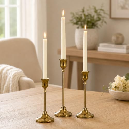 Brass Taper Candle Holders 2 Sets(6 Pcs) - Tall Metal Candlestick Holders for Table Centerpiece, Formal Dinner, Wedding, Fireplace Mantel Decor, Fits 3/4 Inch Thick Candles - Image 2