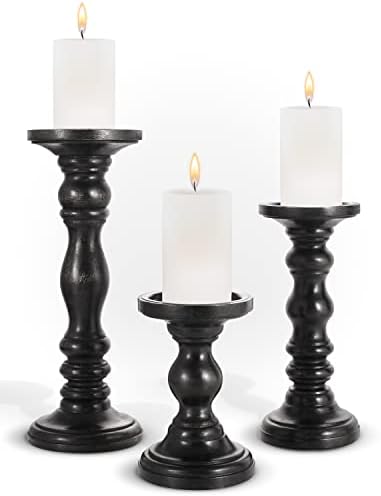 Large Candle Holders for Pillar Candles - Decorative Rustic Centerpiece Pillars Compatible with Battery-Operated Candles - Tall Farmhouse Wooden Candle Holders Pillar - Set of 3 by LuxeDesigns
