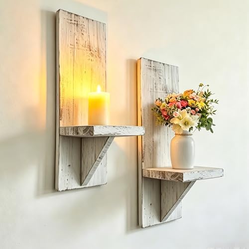 2 Pcs Distressed White Farmhouse Wall Candle Sconces, Rustic Vintage Wooden Wall Mount Candle Holders, Rustic Wall Decor Shelves for Living Room Bedroom Bathroom by EMINGSKY