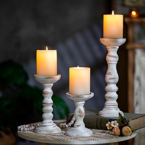 Romadedi Pillar Wood Candle Holders, Whitewashed Brown, Set of 3 - Image 2