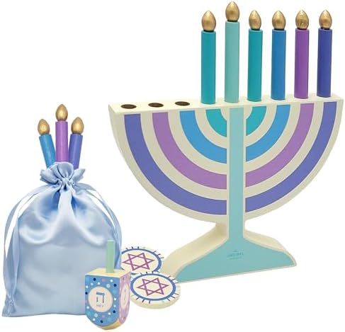 Mini Pastel Hanukkah Menorah, 4-Pack 5" Inch Children Wooden Chanukah Menorah Set with Removable Wooden Candles, 3" Inch Dreidel, and Gelt Coins - Image 5