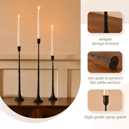 Set of 3 Candle Stick Holders, Iron Black Candlestick Holders, Fits 3/4 inch Fits 3/4 inch Thick Candles, Tapered Candle Holders Tall Set for Dining Table, Wedding, Home Decoration - Image 2