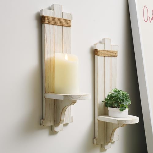 Homemory 2 Pack White Wood Wall Sconces Candle Holders, Farmhouse Decor - Image 3