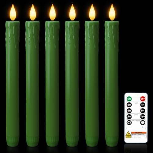 Homemory 6 Pcs Real Wax Green Flameless Taper Candles with Remote Timer, 9.6 Inches LED Fake Candlesticks, LED Candle with 3D Flickering Flame for Romantic Wedding, Dinner, Xmas Anniversary Decor by Homemory