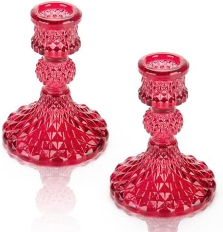 Glass Candle Holder, 2PCS Decorative Candle Sticks Pillar Candle Stand for Formal Events Wedding Party Table Centerpieces Home Decoration, Red by SHOWLOUE